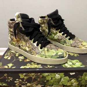 Gucci Floral High-Top Sneakers in Green and Brown